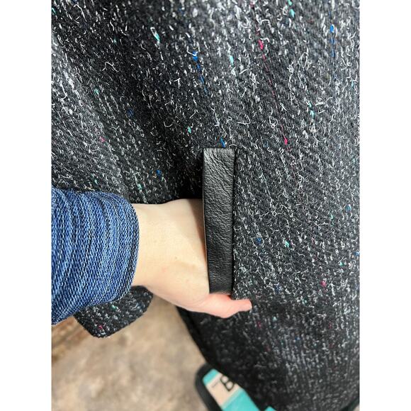 Coat wool charcoal teal pink blue high neck leather trim - Picture 7 of 14